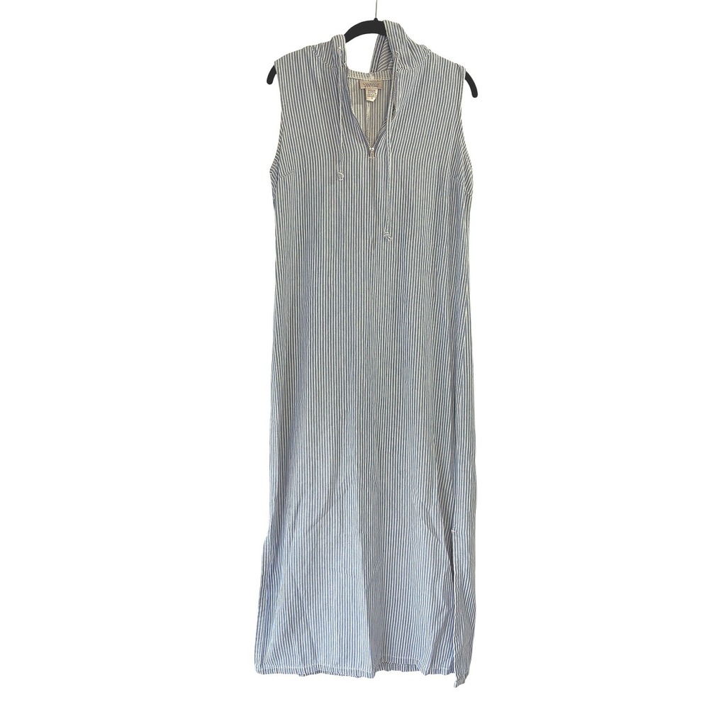 Vintage Studio Women Blue White Striped Hooded Sleeveless Maxi Dress Beach Pool